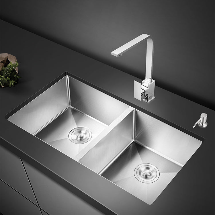 Double Sink Undermount Stainless Steel Sink with Drain Assembly for Kitchen Clearhalo 'Home Improvement' 'home_improvement' 'home_improvement_kitchen_sinks' 'Kitchen Remodel & Kitchen Fixtures' 'Kitchen Sinks & Faucet Components' 'Kitchen Sinks' 'kitchen_sinks' 7079063
