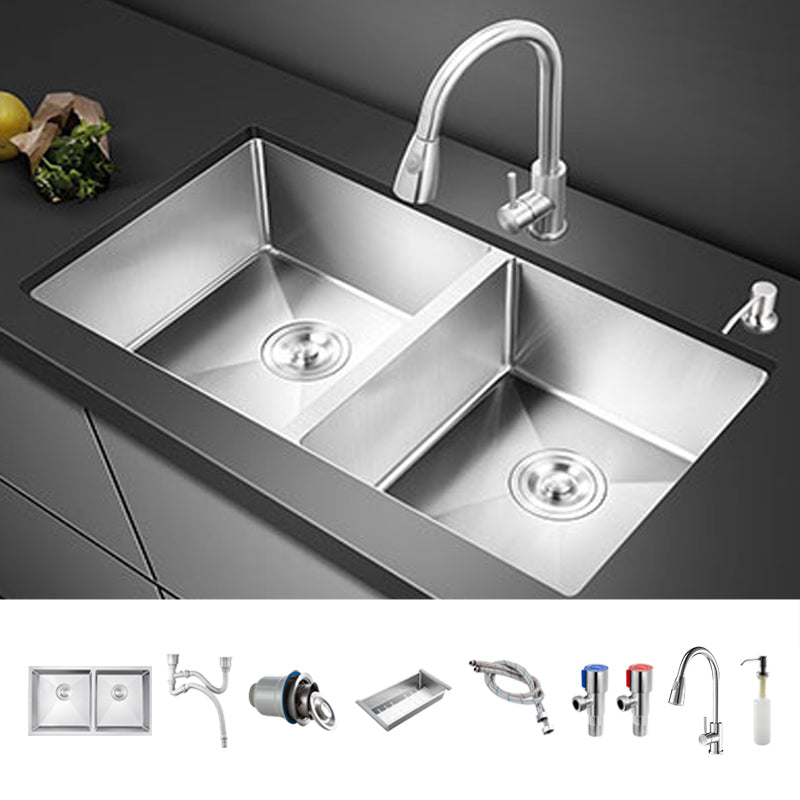Double Sink Undermount Stainless Steel Sink with Drain Assembly for Kitchen Sink with Faucet Pull Out Faucet Clearhalo 'Home Improvement' 'home_improvement' 'home_improvement_kitchen_sinks' 'Kitchen Remodel & Kitchen Fixtures' 'Kitchen Sinks & Faucet Components' 'Kitchen Sinks' 'kitchen_sinks' 7079064