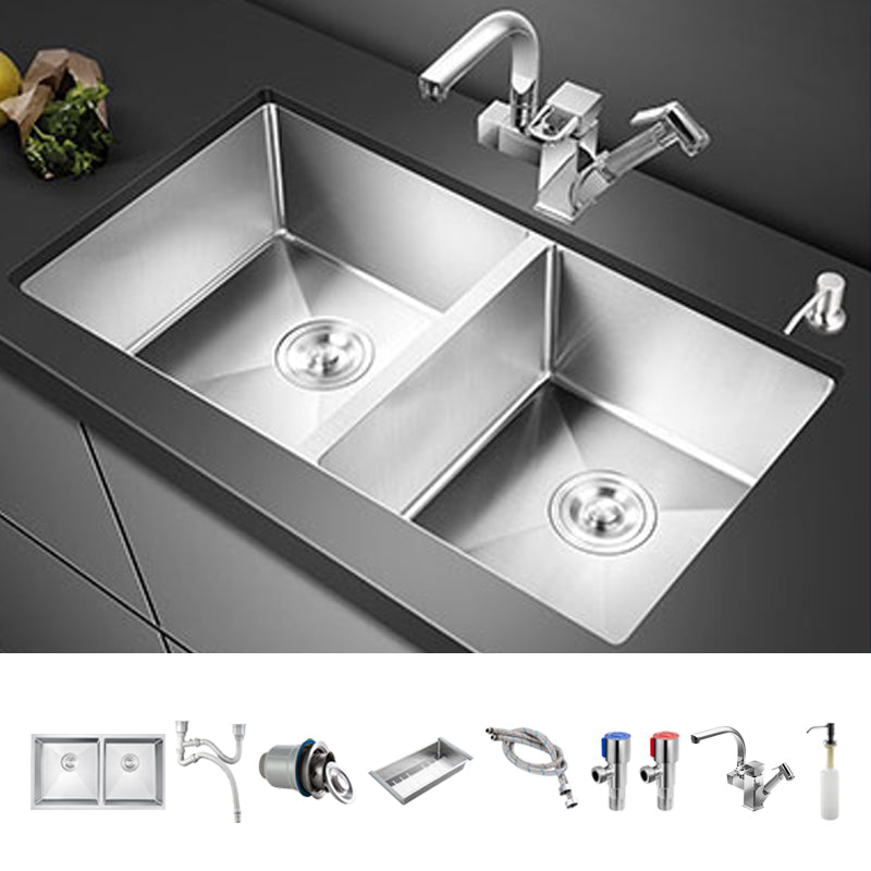 Double Sink Undermount Stainless Steel Sink with Drain Assembly for Kitchen Sink with Faucet Spray Gun Faucet Clearhalo 'Home Improvement' 'home_improvement' 'home_improvement_kitchen_sinks' 'Kitchen Remodel & Kitchen Fixtures' 'Kitchen Sinks & Faucet Components' 'Kitchen Sinks' 'kitchen_sinks' 7079066