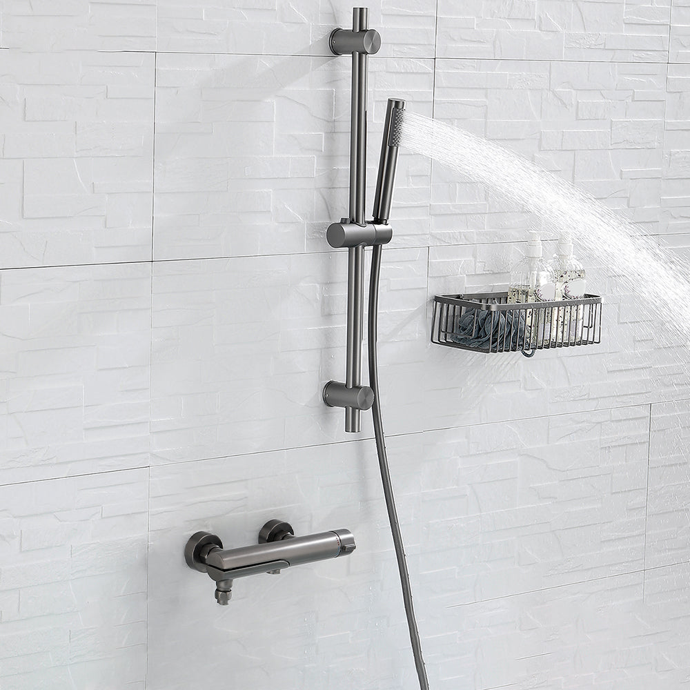 Contemporary Bathroom Faucet Wall Mounted Metal Tub Faucet Trim Lifting Riser & Pure Copper Spout Knob Handles Clearhalo 'Bathroom Remodel & Bathroom Fixtures' 'Bathtub Faucets' 'bathtub_faucets' 'Home Improvement' 'home_improvement' 'home_improvement_bathtub_faucets' 7079961