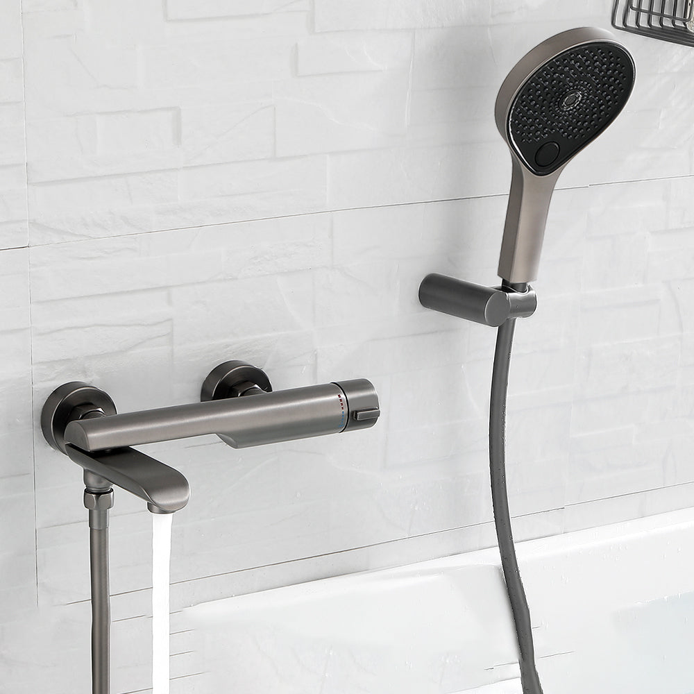 Contemporary Bathroom Faucet Wall Mounted Metal Tub Faucet Trim Pure Copper Pedestal & ABS Spout Knob Handles Clearhalo 'Bathroom Remodel & Bathroom Fixtures' 'Bathtub Faucets' 'bathtub_faucets' 'Home Improvement' 'home_improvement' 'home_improvement_bathtub_faucets' 7079963