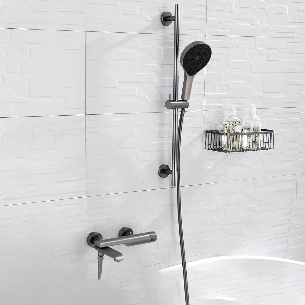 Contemporary Bathroom Faucet Wall Mounted Metal Tub Faucet Trim Pure Copper Lifting Riser & ABS Spout Knob Handles Clearhalo 'Bathroom Remodel & Bathroom Fixtures' 'Bathtub Faucets' 'bathtub_faucets' 'Home Improvement' 'home_improvement' 'home_improvement_bathtub_faucets' 7079967