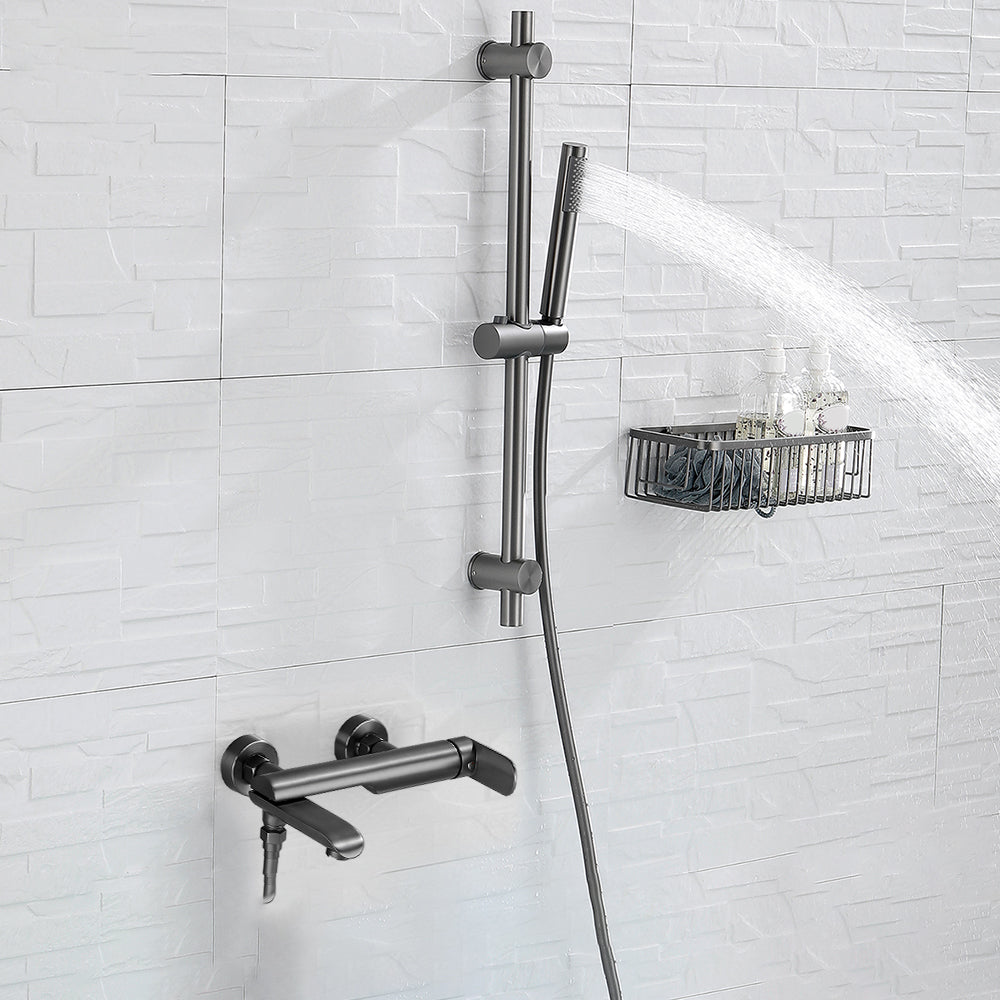 Contemporary Bathroom Faucet Wall Mounted Metal Tub Faucet Trim Lifting Riser & Pure Copper Spout Lever Handles Clearhalo 'Bathroom Remodel & Bathroom Fixtures' 'Bathtub Faucets' 'bathtub_faucets' 'Home Improvement' 'home_improvement' 'home_improvement_bathtub_faucets' 7079968