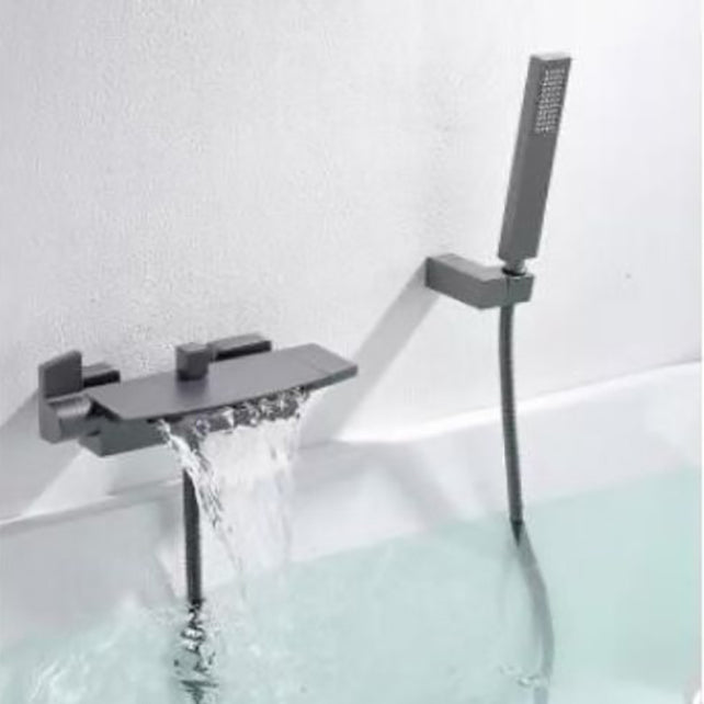 Modern Bathtub Faucet Copper Lever Handles Waterfall Wall Mounted Tub Faucet Trim Gun Grey Hand Shower Included Clearhalo 'Bathroom Remodel & Bathroom Fixtures' 'Bathtub Faucets' 'bathtub_faucets' 'Home Improvement' 'home_improvement' 'home_improvement_bathtub_faucets' 7079994