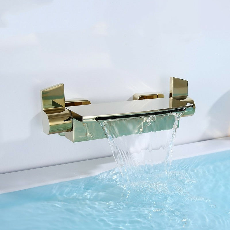 Modern Bathtub Faucet Copper Lever Handles Waterfall Wall Mounted Tub Faucet Trim Gold Hand Shower Not Included Clearhalo 'Bathroom Remodel & Bathroom Fixtures' 'Bathtub Faucets' 'bathtub_faucets' 'Home Improvement' 'home_improvement' 'home_improvement_bathtub_faucets' 7080004