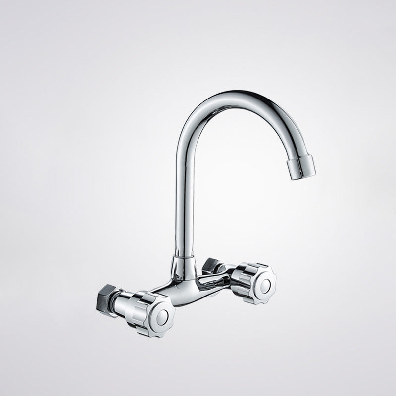 Contemporary Metal Kitchen Faucet Wall-mounted 2 Holds Bar Faucet Gooseneck Without Accessories Knob Handles Clearhalo 'Home Improvement' 'home_improvement' 'home_improvement_kitchen_faucets' 'Kitchen Faucets' 'Kitchen Remodel & Kitchen Fixtures' 'Kitchen Sinks & Faucet Components' 'kitchen_faucets' 7081462