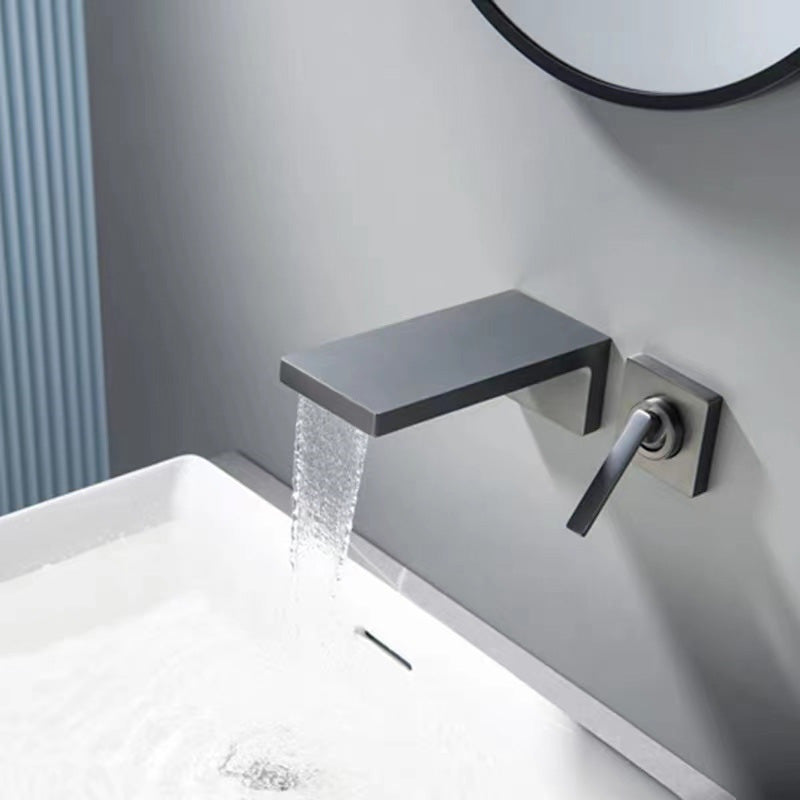 Wall Mounted Bathroom Faucet Waterfall Spout with Lever Handle Grey Thin Handle Clearhalo 'Bathroom Remodel & Bathroom Fixtures' 'Bathroom Sink Faucets' 'Bathroom Sinks & Faucet Components' 'bathroom_sink_faucets' 'Home Improvement' 'home_improvement' 'home_improvement_bathroom_sink_faucets' 7081636