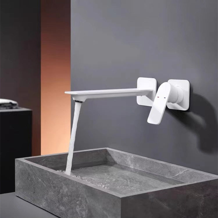 Wall Mounted Bathroom Faucet Waterfall Spout with Lever Handle White Wide Handle Clearhalo 'Bathroom Remodel & Bathroom Fixtures' 'Bathroom Sink Faucets' 'Bathroom Sinks & Faucet Components' 'bathroom_sink_faucets' 'Home Improvement' 'home_improvement' 'home_improvement_bathroom_sink_faucets' 7081647