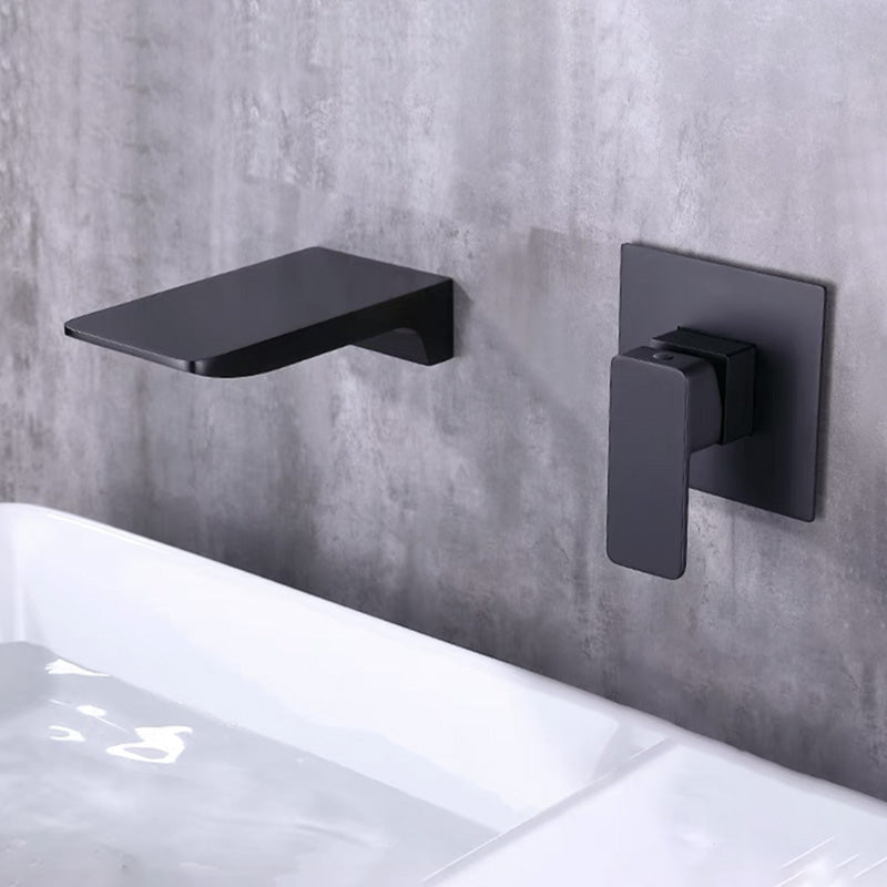 Wall Mounted Bathroom Faucet Waterfall Spout with Lever Handle Black Square Handle Clearhalo 'Bathroom Remodel & Bathroom Fixtures' 'Bathroom Sink Faucets' 'Bathroom Sinks & Faucet Components' 'bathroom_sink_faucets' 'Home Improvement' 'home_improvement' 'home_improvement_bathroom_sink_faucets' 7081651