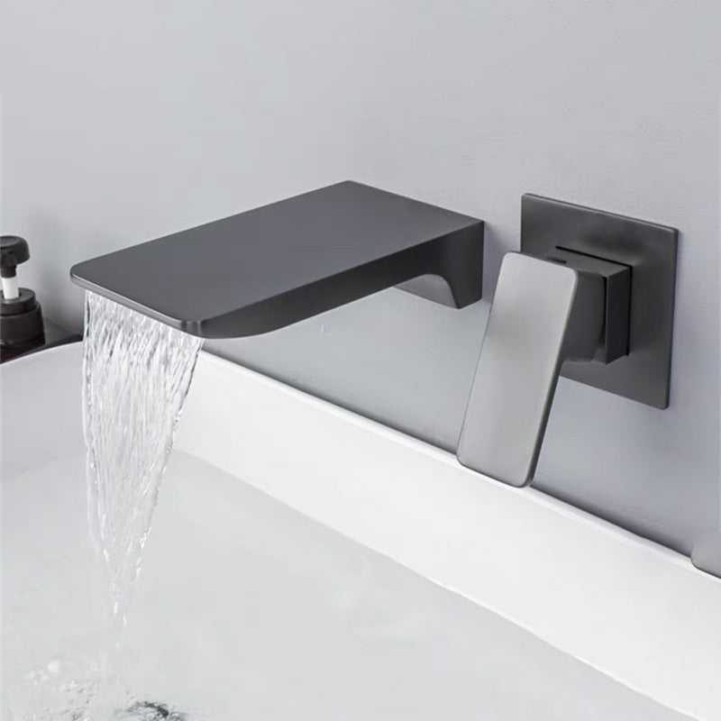 Wall Mounted Bathroom Faucet Waterfall Spout with Lever Handle Grey Square Handle Clearhalo 'Bathroom Remodel & Bathroom Fixtures' 'Bathroom Sink Faucets' 'Bathroom Sinks & Faucet Components' 'bathroom_sink_faucets' 'Home Improvement' 'home_improvement' 'home_improvement_bathroom_sink_faucets' 7081652