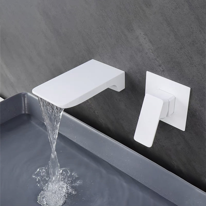 Wall Mounted Bathroom Faucet Waterfall Spout with Lever Handle White Square Handle Clearhalo 'Bathroom Remodel & Bathroom Fixtures' 'Bathroom Sink Faucets' 'Bathroom Sinks & Faucet Components' 'bathroom_sink_faucets' 'Home Improvement' 'home_improvement' 'home_improvement_bathroom_sink_faucets' 7081654