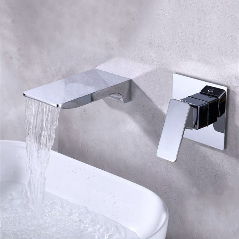 Wall Mounted Bathroom Faucet Waterfall Spout with Lever Handle Chrome Square Handle Clearhalo 'Bathroom Remodel & Bathroom Fixtures' 'Bathroom Sink Faucets' 'Bathroom Sinks & Faucet Components' 'bathroom_sink_faucets' 'Home Improvement' 'home_improvement' 'home_improvement_bathroom_sink_faucets' 7081655