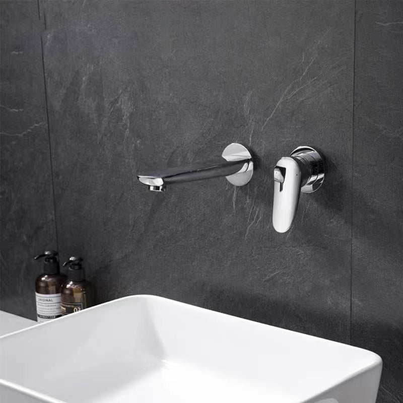 Wall Mounted Bathroom Faucet Waterfall Spout with Lever Handle Silver Oval Handle Clearhalo 'Bathroom Remodel & Bathroom Fixtures' 'Bathroom Sink Faucets' 'Bathroom Sinks & Faucet Components' 'bathroom_sink_faucets' 'Home Improvement' 'home_improvement' 'home_improvement_bathroom_sink_faucets' 7081656