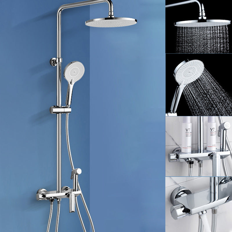 Wall Mounted Shower System Contemporary Adjustable Shower Head Combo Silver 10"L x 10"W Storage Not Included Clearhalo 'Bathroom Remodel & Bathroom Fixtures' 'Home Improvement' 'home_improvement' 'home_improvement_shower_faucets' 'Shower Faucets & Systems' 'shower_faucets' 'Showers & Bathtubs Plumbing' 'Showers & Bathtubs' 7081694