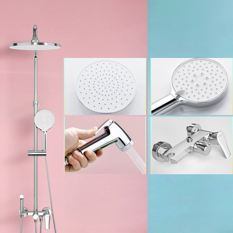 Wall Mounted Shower System Contemporary Adjustable Shower Head Combo Silver 9"L x 9"W Storage Not Included Clearhalo 'Bathroom Remodel & Bathroom Fixtures' 'Home Improvement' 'home_improvement' 'home_improvement_shower_faucets' 'Shower Faucets & Systems' 'shower_faucets' 'Showers & Bathtubs Plumbing' 'Showers & Bathtubs' 7081701