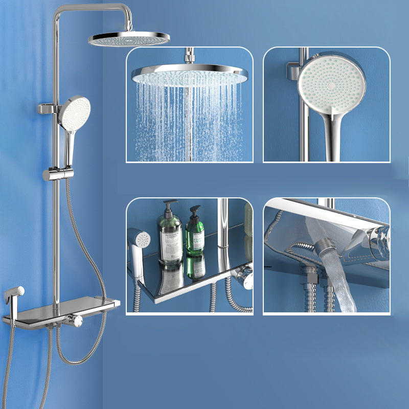 Wall Mounted Shower System Contemporary Adjustable Shower Head Combo Silver 10"L x 10"W Storage Included Clearhalo 'Bathroom Remodel & Bathroom Fixtures' 'Home Improvement' 'home_improvement' 'home_improvement_shower_faucets' 'Shower Faucets & Systems' 'shower_faucets' 'Showers & Bathtubs Plumbing' 'Showers & Bathtubs' 7081707
