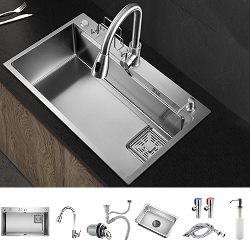 Modern Kitchen Sink Single Bowl Overflow Hole Stainless Steel Workstation Sink with Faucet Sink with Faucet Pull Out Faucet Clearhalo 'Home Improvement' 'home_improvement' 'home_improvement_kitchen_sinks' 'Kitchen Remodel & Kitchen Fixtures' 'Kitchen Sinks & Faucet Components' 'Kitchen Sinks' 'kitchen_sinks' 7081733