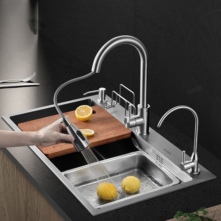 Modern Kitchen Sink Single Bowl Overflow Hole Stainless Steel Workstation Sink with Faucet Clearhalo 'Home Improvement' 'home_improvement' 'home_improvement_kitchen_sinks' 'Kitchen Remodel & Kitchen Fixtures' 'Kitchen Sinks & Faucet Components' 'Kitchen Sinks' 'kitchen_sinks' 7081736