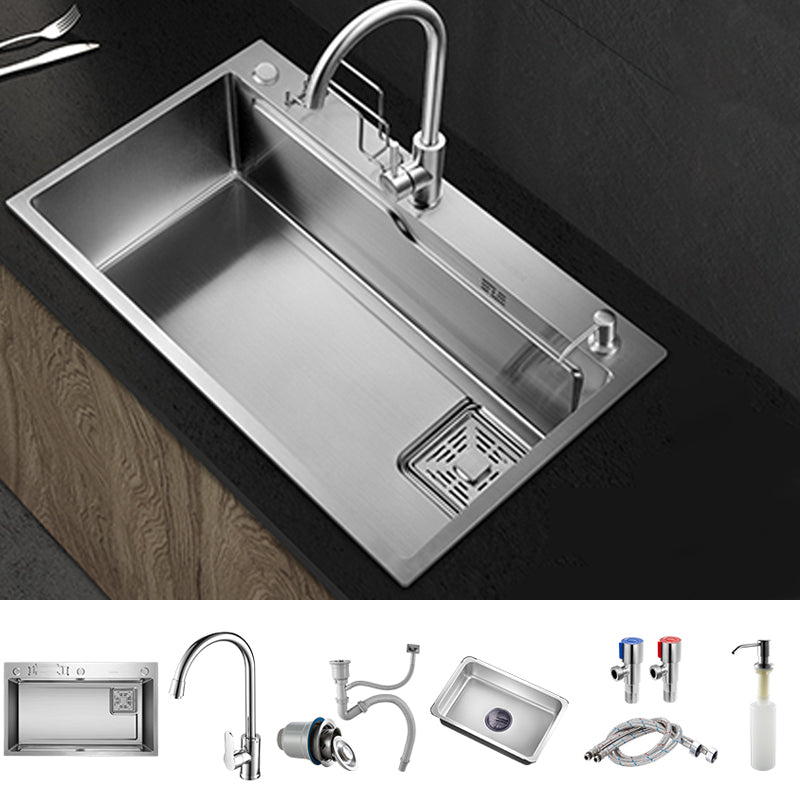 Modern Kitchen Sink Single Bowl Overflow Hole Stainless Steel Workstation Sink with Faucet Sink with Faucet Gooseneck Faucet Clearhalo 'Home Improvement' 'home_improvement' 'home_improvement_kitchen_sinks' 'Kitchen Remodel & Kitchen Fixtures' 'Kitchen Sinks & Faucet Components' 'Kitchen Sinks' 'kitchen_sinks' 7081744