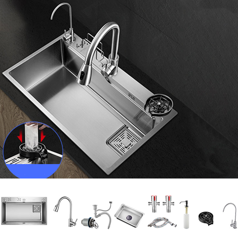Modern Kitchen Sink Single Bowl Overflow Hole Stainless Steel Workstation Sink with Faucet Sink with Faucet Pull Out Water Filter Double Faucet & Cup Washer Clearhalo 'Home Improvement' 'home_improvement' 'home_improvement_kitchen_sinks' 'Kitchen Remodel & Kitchen Fixtures' 'Kitchen Sinks & Faucet Components' 'Kitchen Sinks' 'kitchen_sinks' 7081746