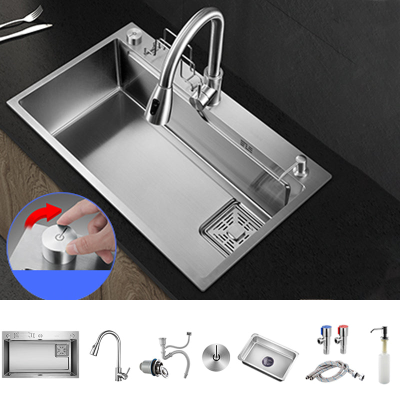 Modern Kitchen Sink Single Bowl Overflow Hole Stainless Steel Workstation Sink with Faucet Sink with Faucet Pull Out Faucet & Deck Control Drain Clearhalo 'Home Improvement' 'home_improvement' 'home_improvement_kitchen_sinks' 'Kitchen Remodel & Kitchen Fixtures' 'Kitchen Sinks & Faucet Components' 'Kitchen Sinks' 'kitchen_sinks' 7081750