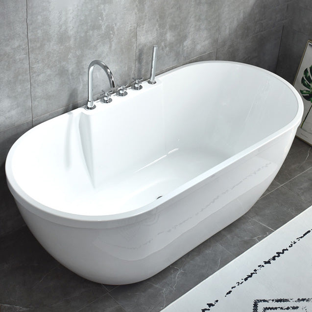 Stand Alone Oval Bath Acrylic Soaking White Modern Center Bathtub White Tub with Silver 5-Piece Set Clearhalo 'Bathroom Remodel & Bathroom Fixtures' 'Bathtubs' 'Home Improvement' 'home_improvement' 'home_improvement_bathtubs' 'Showers & Bathtubs' 7088985