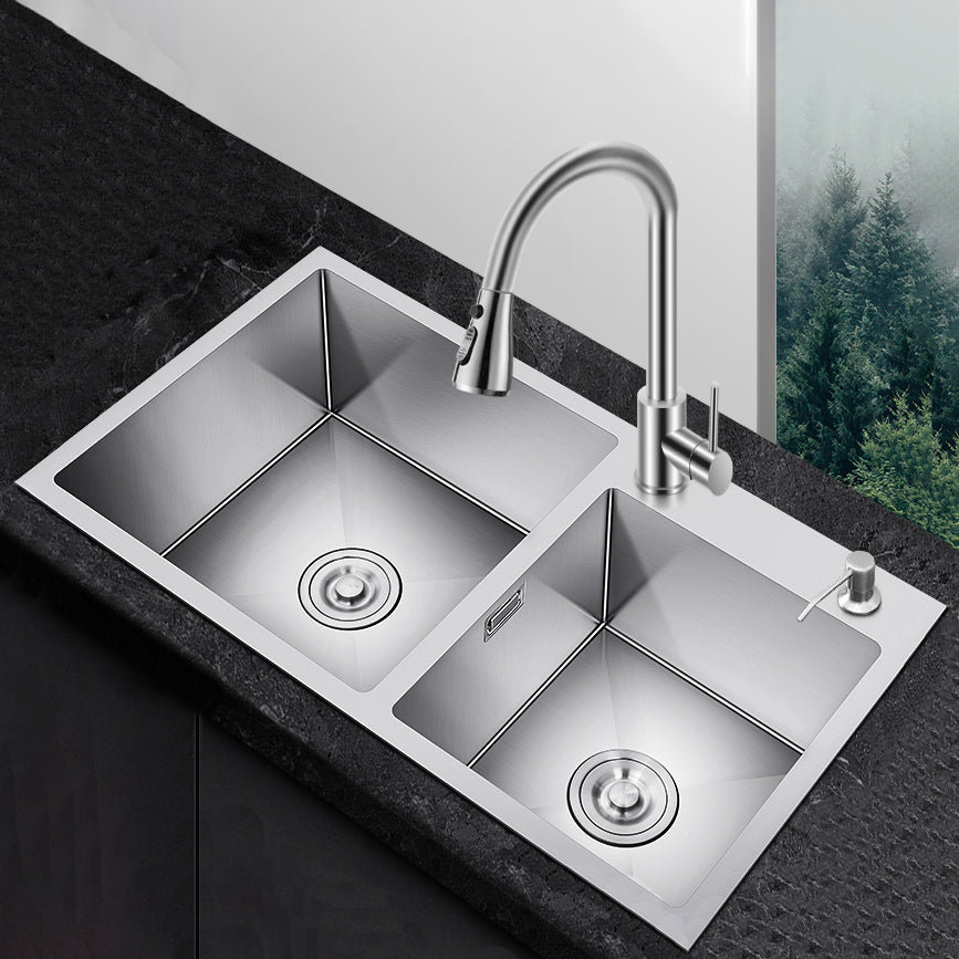 Scratch Resistant Kitchen Sink Double Bowl Stainless Steel Square Top-Mount Kitchen Sink 32"L x 18"W x 8"H Sink with Faucet Pull Out Faucet Clearhalo 'Home Improvement' 'home_improvement' 'home_improvement_kitchen_sinks' 'Kitchen Remodel & Kitchen Fixtures' 'Kitchen Sinks & Faucet Components' 'Kitchen Sinks' 'kitchen_sinks' 7098322