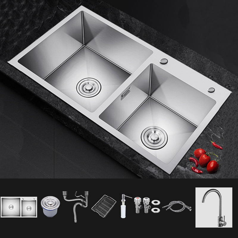 Scratch Resistant Kitchen Sink Double Bowl Stainless Steel Square Top-Mount Kitchen Sink Sink with Faucet Round Faucet Clearhalo 'Home Improvement' 'home_improvement' 'home_improvement_kitchen_sinks' 'Kitchen Remodel & Kitchen Fixtures' 'Kitchen Sinks & Faucet Components' 'Kitchen Sinks' 'kitchen_sinks' 7098324