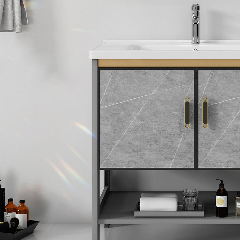 Free Standing Modern Vanity Set Drawer Faucet Ceramic Sink Vanity with Mirror Clearhalo 'Bathroom Remodel & Bathroom Fixtures' 'Bathroom Vanities' 'bathroom_vanities' 'Home Improvement' 'home_improvement' 'home_improvement_bathroom_vanities' 7098519