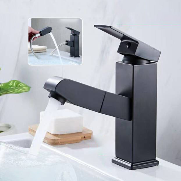 Contemporary Bathroom Faucet Brass Lever Handle Pull-out Sink Faucet Clearhalo 'Bathroom Remodel & Bathroom Fixtures' 'Bathroom Sink Faucets' 'Bathroom Sinks & Faucet Components' 'bathroom_sink_faucets' 'Home Improvement' 'home_improvement' 'home_improvement_bathroom_sink_faucets' 7098605