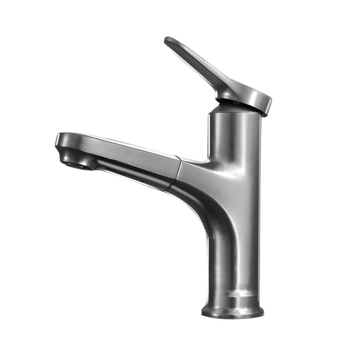 Contemporary Bathroom Faucet Brass Lever Handle Pull-out Sink Faucet Clearhalo 'Bathroom Remodel & Bathroom Fixtures' 'Bathroom Sink Faucets' 'Bathroom Sinks & Faucet Components' 'bathroom_sink_faucets' 'Home Improvement' 'home_improvement' 'home_improvement_bathroom_sink_faucets' 7098610