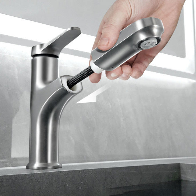 Contemporary Bathroom Faucet Brass Lever Handle Pull-out Sink Faucet Clearhalo 'Bathroom Remodel & Bathroom Fixtures' 'Bathroom Sink Faucets' 'Bathroom Sinks & Faucet Components' 'bathroom_sink_faucets' 'Home Improvement' 'home_improvement' 'home_improvement_bathroom_sink_faucets' 7098612