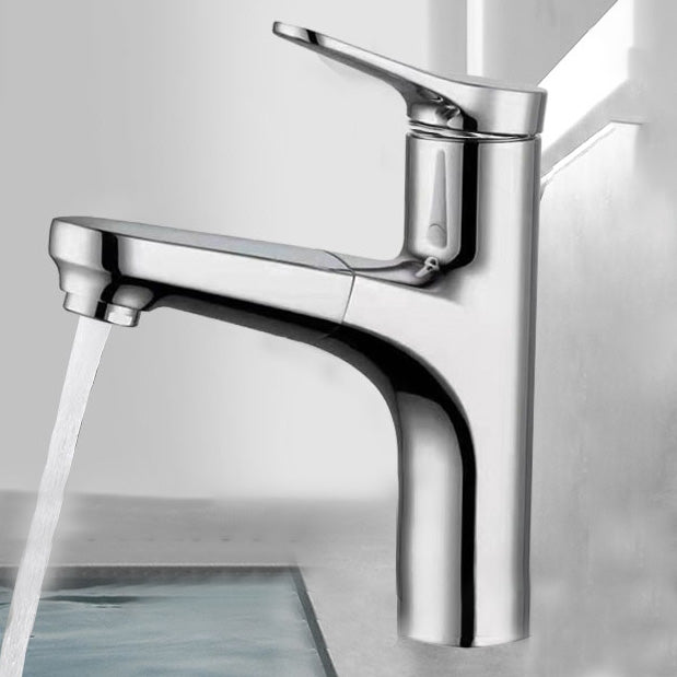 Contemporary Bathroom Faucet Brass Lever Handle Pull-out Sink Faucet Light Silver Pulling Clearhalo 'Bathroom Remodel & Bathroom Fixtures' 'Bathroom Sink Faucets' 'Bathroom Sinks & Faucet Components' 'bathroom_sink_faucets' 'Home Improvement' 'home_improvement' 'home_improvement_bathroom_sink_faucets' 7098613