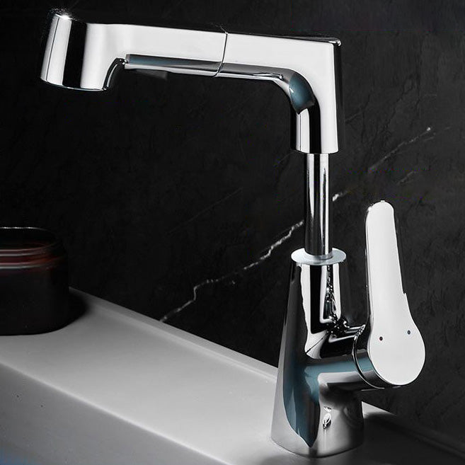 Contemporary Bathroom Faucet Brass Lever Handle Pull-out Sink Faucet Silver Lift Clearhalo 'Bathroom Remodel & Bathroom Fixtures' 'Bathroom Sink Faucets' 'Bathroom Sinks & Faucet Components' 'bathroom_sink_faucets' 'Home Improvement' 'home_improvement' 'home_improvement_bathroom_sink_faucets' 7098619