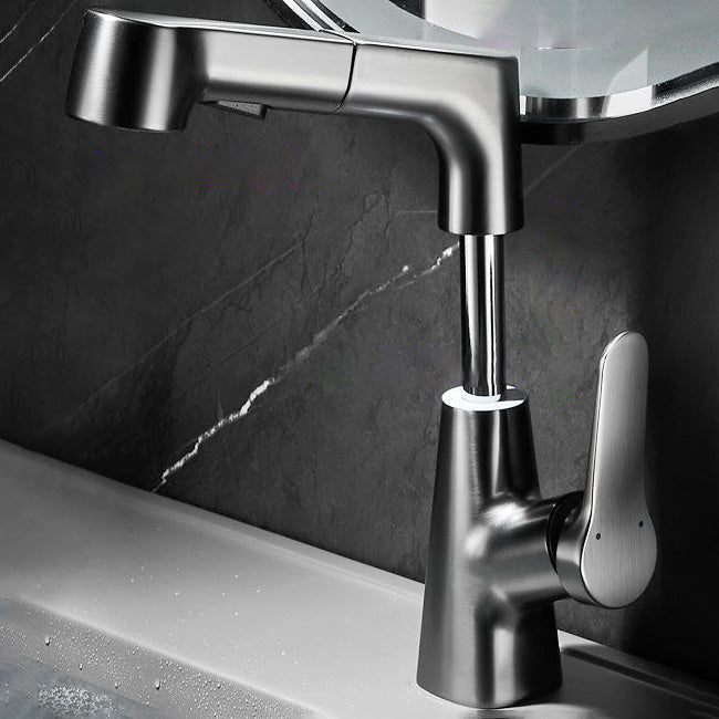 Contemporary Bathroom Faucet Brass Lever Handle Pull-out Sink Faucet Gun Grey Lift Clearhalo 'Bathroom Remodel & Bathroom Fixtures' 'Bathroom Sink Faucets' 'Bathroom Sinks & Faucet Components' 'bathroom_sink_faucets' 'Home Improvement' 'home_improvement' 'home_improvement_bathroom_sink_faucets' 7098621