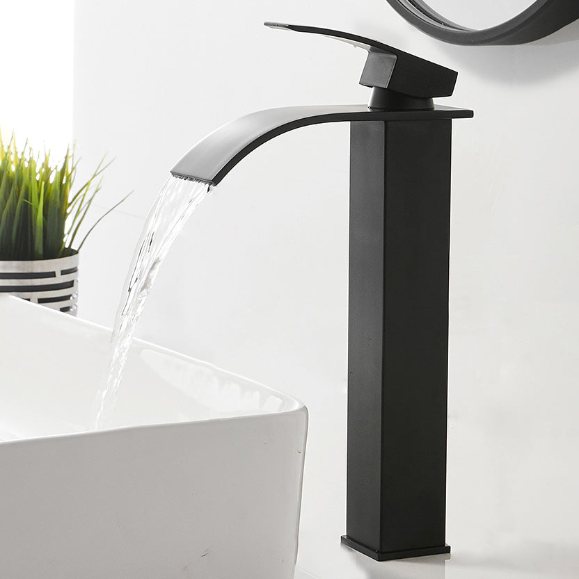 Modern Bathroom Sink Faucet Waterfall Spout Lever Handle Brass Sink Faucet Black 11.8" Clearhalo 'Bathroom Remodel & Bathroom Fixtures' 'Bathroom Sink Faucets' 'Bathroom Sinks & Faucet Components' 'bathroom_sink_faucets' 'Home Improvement' 'home_improvement' 'home_improvement_bathroom_sink_faucets' 7098653