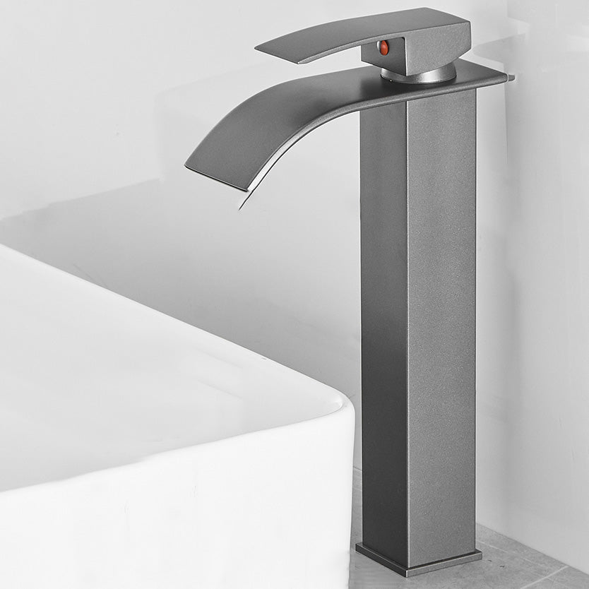 Modern Bathroom Sink Faucet Waterfall Spout Lever Handle Brass Sink Faucet Grey 11.8" Clearhalo 'Bathroom Remodel & Bathroom Fixtures' 'Bathroom Sink Faucets' 'Bathroom Sinks & Faucet Components' 'bathroom_sink_faucets' 'Home Improvement' 'home_improvement' 'home_improvement_bathroom_sink_faucets' 7098655