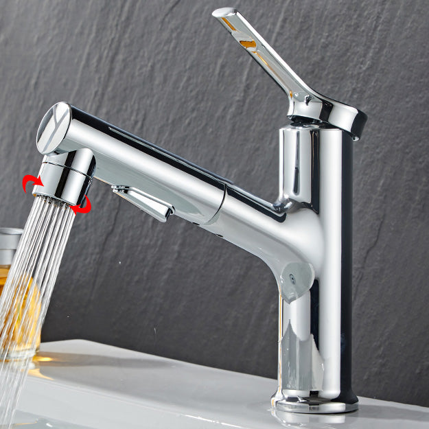 Modern Sink Faucet Lever Handle Pull-out Brass Single Hole Bathroom Sink Silver Clearhalo 'Bathroom Remodel & Bathroom Fixtures' 'Bathroom Sink Faucets' 'Bathroom Sinks & Faucet Components' 'bathroom_sink_faucets' 'Home Improvement' 'home_improvement' 'home_improvement_bathroom_sink_faucets' 7098713