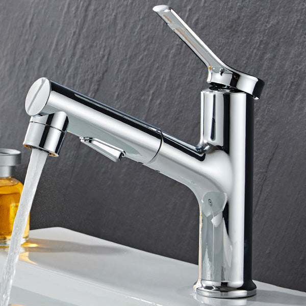 Modern Sink Faucet Lever Handle Pull-out Brass Single Hole Bathroom Sink Clearhalo 'Bathroom Remodel & Bathroom Fixtures' 'Bathroom Sink Faucets' 'Bathroom Sinks & Faucet Components' 'bathroom_sink_faucets' 'Home Improvement' 'home_improvement' 'home_improvement_bathroom_sink_faucets' 7098714