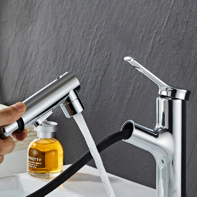 Modern Sink Faucet Lever Handle Pull-out Brass Single Hole Bathroom Sink Clearhalo 'Bathroom Remodel & Bathroom Fixtures' 'Bathroom Sink Faucets' 'Bathroom Sinks & Faucet Components' 'bathroom_sink_faucets' 'Home Improvement' 'home_improvement' 'home_improvement_bathroom_sink_faucets' 7098722