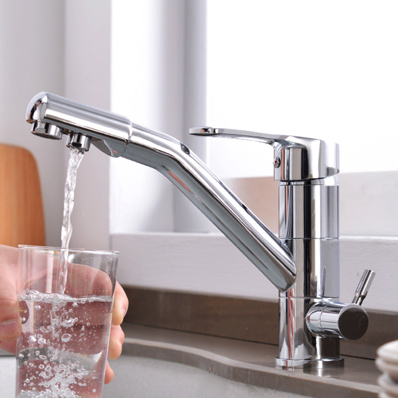 Contemporary Single Handle Kitchen Faucet Rotatable 1-Hold Bar Faucet Nickel Without Angle Valve Clearhalo 'Home Improvement' 'home_improvement' 'home_improvement_kitchen_faucets' 'Kitchen Faucets' 'Kitchen Remodel & Kitchen Fixtures' 'Kitchen Sinks & Faucet Components' 'kitchen_faucets' 7098825