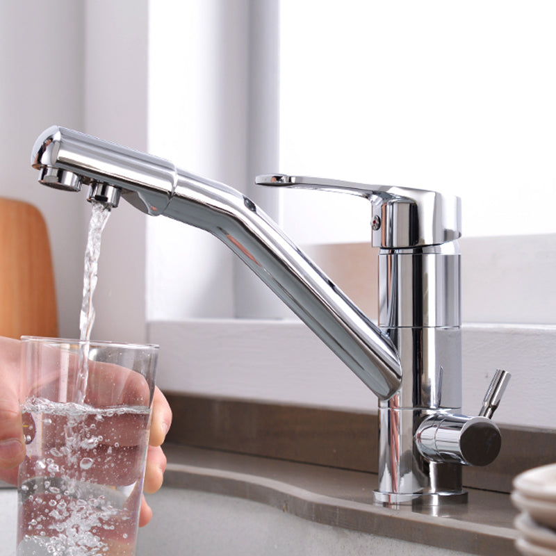 Contemporary Single Handle Kitchen Faucet Rotatable 1-Hold Bar Faucet Nickel Angle Valve Clearhalo 'Home Improvement' 'home_improvement' 'home_improvement_kitchen_faucets' 'Kitchen Faucets' 'Kitchen Remodel & Kitchen Fixtures' 'Kitchen Sinks & Faucet Components' 'kitchen_faucets' 7098826