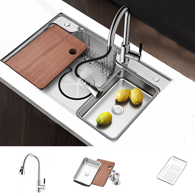 Contemporary Style Kitchen Sink Rectangle Shape Kitchen Sink with Single Bowl Sink with Faucet Three Outlet Water Draw Tap Clearhalo 'Home Improvement' 'home_improvement' 'home_improvement_kitchen_sinks' 'Kitchen Remodel & Kitchen Fixtures' 'Kitchen Sinks & Faucet Components' 'Kitchen Sinks' 'kitchen_sinks' 7098889