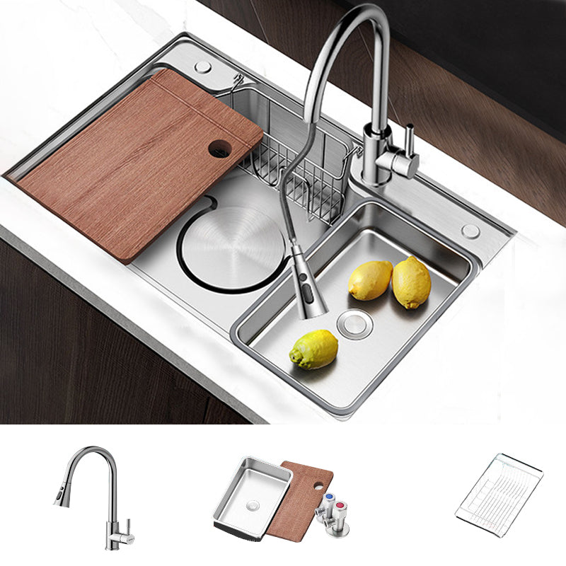 Contemporary Style Kitchen Sink Rectangle Shape Kitchen Sink with Single Bowl Sink with Faucet Stainless Steel Pull Out Faucet Clearhalo 'Home Improvement' 'home_improvement' 'home_improvement_kitchen_sinks' 'Kitchen Remodel & Kitchen Fixtures' 'Kitchen Sinks & Faucet Components' 'Kitchen Sinks' 'kitchen_sinks' 7098893