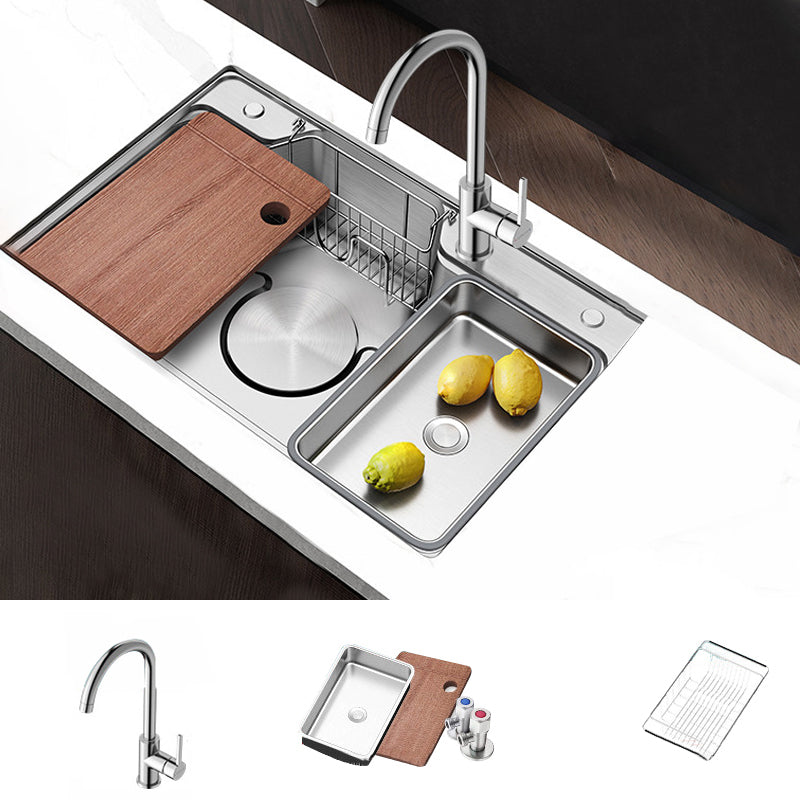 Contemporary Style Kitchen Sink Rectangle Shape Kitchen Sink with Single Bowl Sink with Faucet Stainless Steel Elbow Faucet Clearhalo 'Home Improvement' 'home_improvement' 'home_improvement_kitchen_sinks' 'Kitchen Remodel & Kitchen Fixtures' 'Kitchen Sinks & Faucet Components' 'Kitchen Sinks' 'kitchen_sinks' 7098895