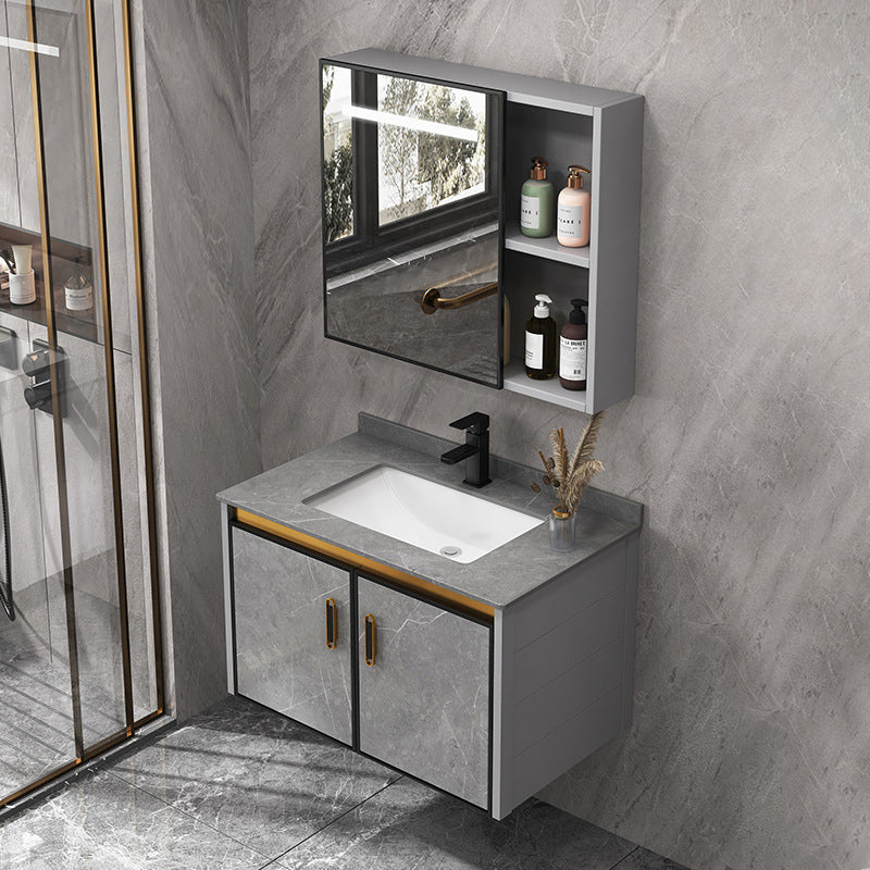 Single Sink Bathroom Vanity Rectangle Grey Wall Mount Bath Vanity Set with Mirror Vanity & Faucet & Smart Medicine Cabinet 23.6"L x 18.7"W x 16.1"H Drawer Not Included Clearhalo 'Bathroom Remodel & Bathroom Fixtures' 'Bathroom Vanities' 'bathroom_vanities' 'Home Improvement' 'home_improvement' 'home_improvement_bathroom_vanities' 7099221