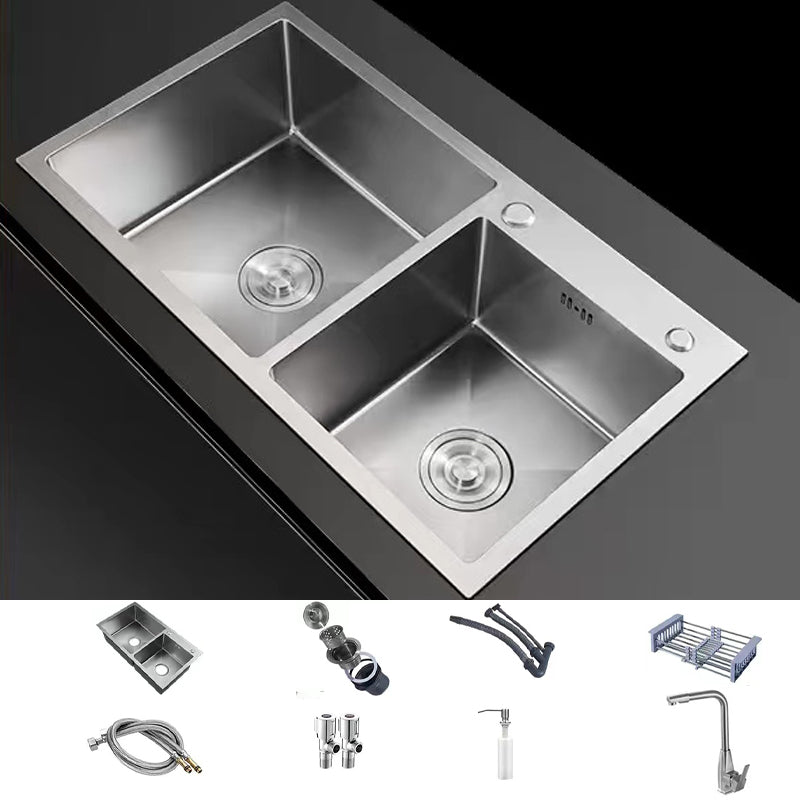 Modern Style Kitchen Sink Drop-In Stainless Steel Kitchen Double Sink Sink with Faucet Square Faucet Clearhalo 'Home Improvement' 'home_improvement' 'home_improvement_kitchen_sinks' 'Kitchen Remodel & Kitchen Fixtures' 'Kitchen Sinks & Faucet Components' 'Kitchen Sinks' 'kitchen_sinks' 7099421
