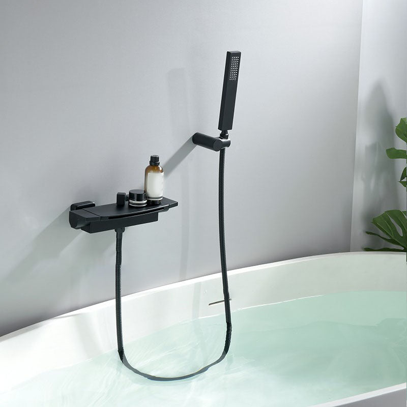 Modern Bathtub Faucet Handheld Shower Head Wall-mounted Waterfall Faucet Black Hand Shower Included Clearhalo 'Bathroom Remodel & Bathroom Fixtures' 'Bathtub Faucets' 'bathtub_faucets' 'Home Improvement' 'home_improvement' 'home_improvement_bathtub_faucets' 7099453