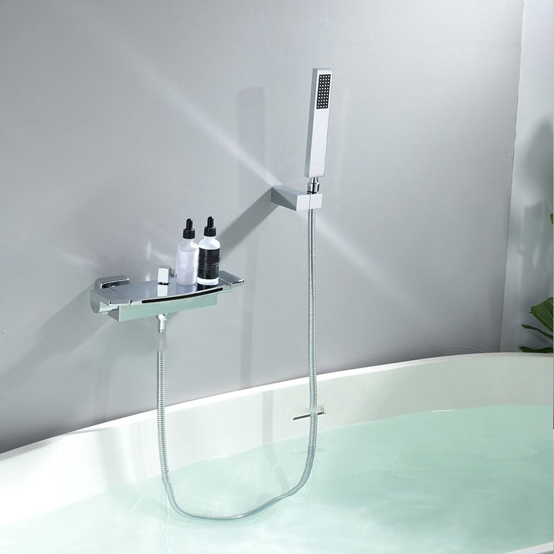 Modern Bathtub Faucet Handheld Shower Head Wall-mounted Waterfall Faucet Chrome Hand Shower Included Clearhalo 'Bathroom Remodel & Bathroom Fixtures' 'Bathtub Faucets' 'bathtub_faucets' 'Home Improvement' 'home_improvement' 'home_improvement_bathtub_faucets' 7099459