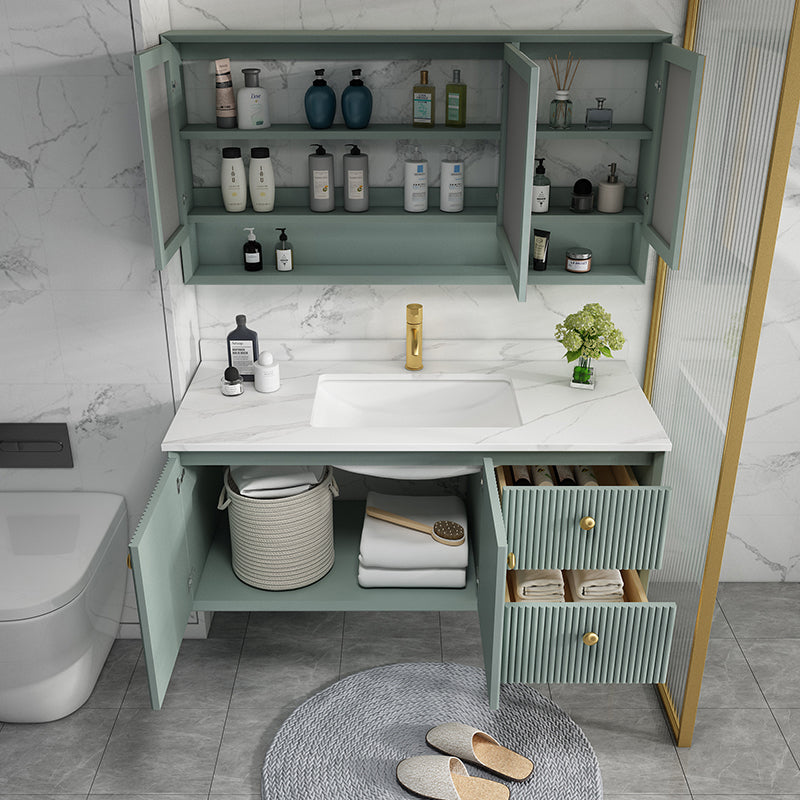 Wood Frame Vanity Glam Green Single Sink Mirror Wall-Mounted Bath Vanity with Drawers Clearhalo 'Bathroom Remodel & Bathroom Fixtures' 'Bathroom Vanities' 'bathroom_vanities' 'Home Improvement' 'home_improvement' 'home_improvement_bathroom_vanities' 7099517